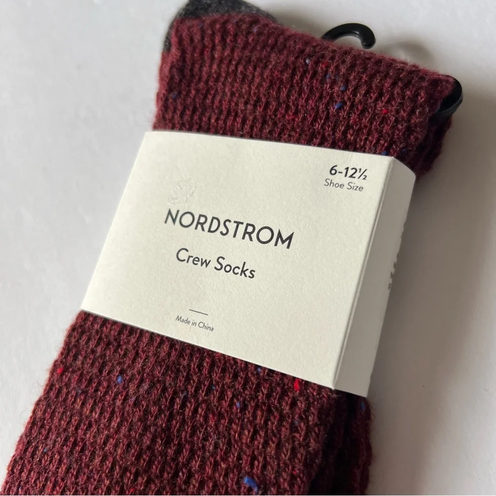 NORDSTROM MENS CREW SOCKS ACRYLIC/WOOL BLEND RED GRAPE HEATHER OS NWT